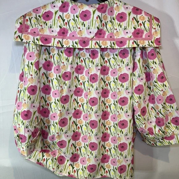 NWT Cicy Bell Women's XL Pink Floral Button Down Shirt Square Neck Bubble Sleeve - Picture 8 of 9